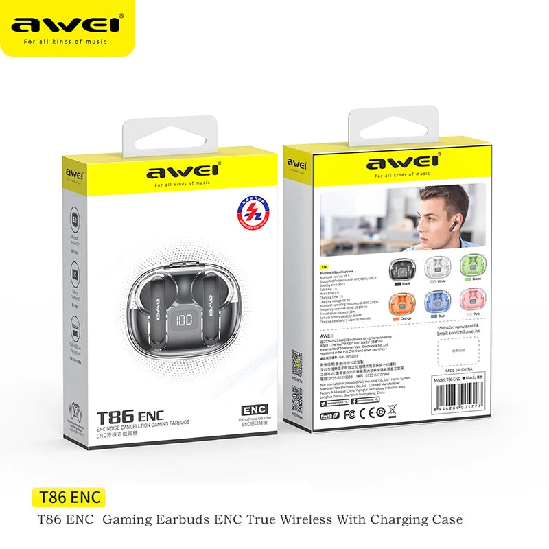 Awei T86 ENC gaming earbuds packaging with front and back views on a white background.