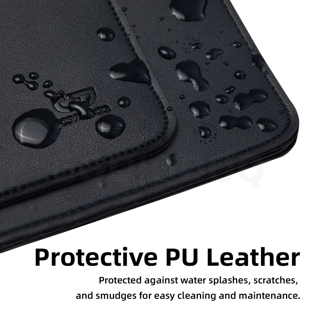Black protective mat with water droplets and text about protective PU leather