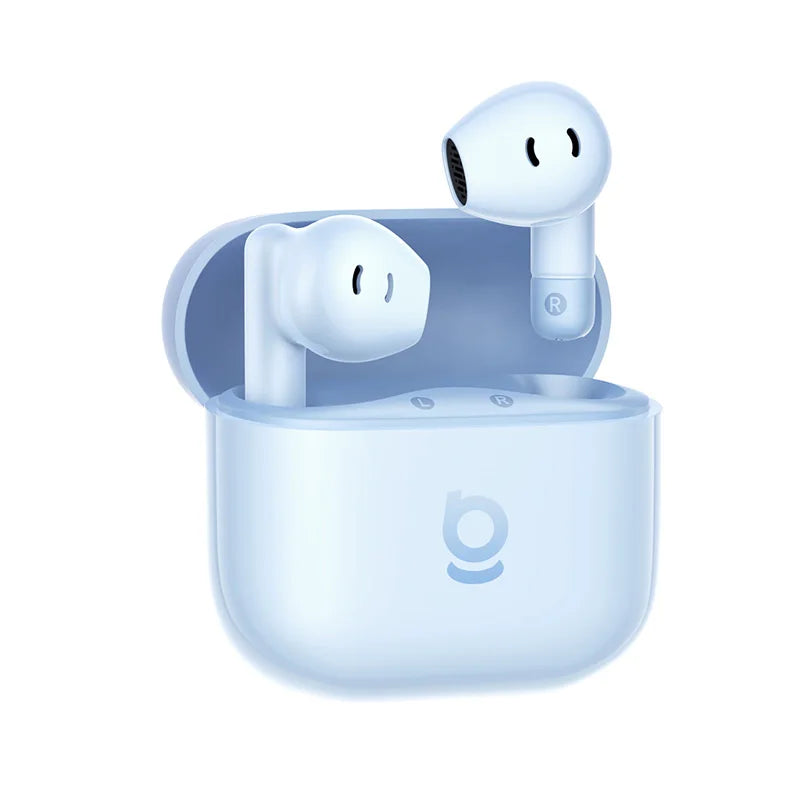 Wireless earbuds with a charging case on a white background