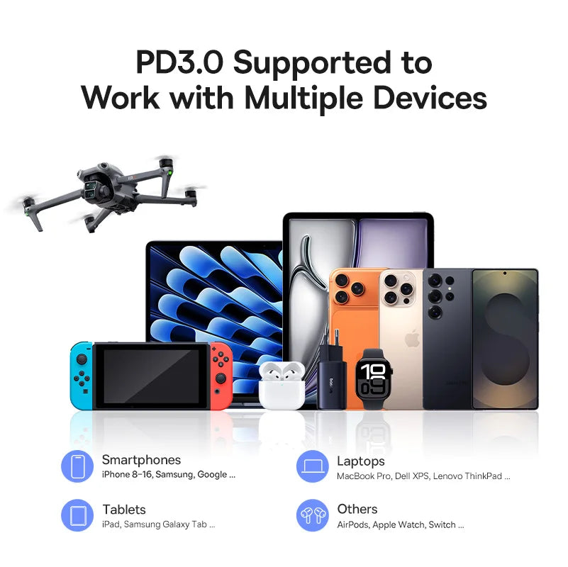 Collection of electronic devices with text indicating PD3.0 support on a white background
