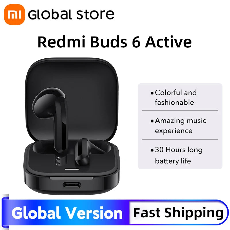 Redmi Buds 6 Active wireless earbuds with charging case on a white background, featuring Xiaomi branding.
