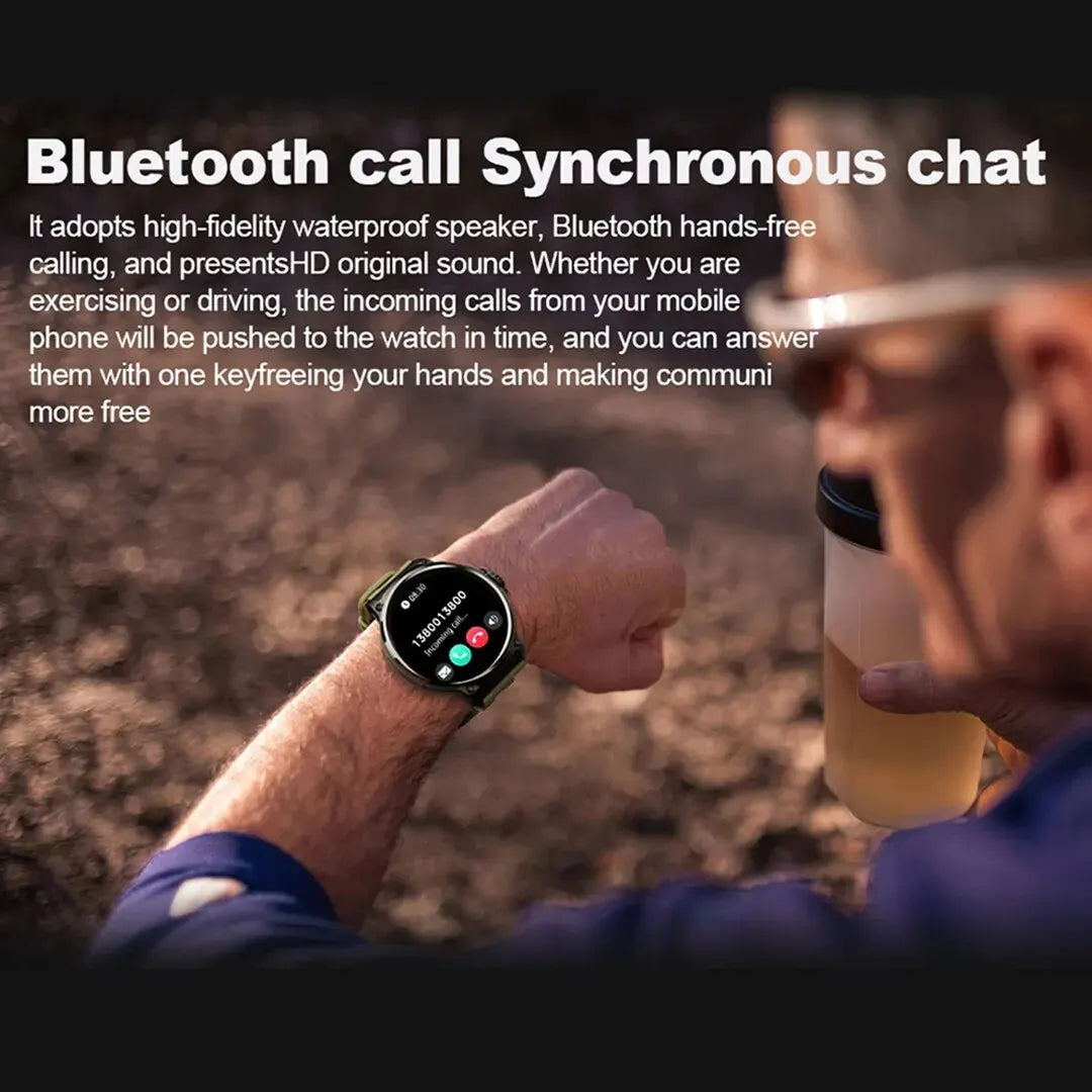 Person using a smartwatch with text about Bluetooth call synchronization and high-fidelity sound.