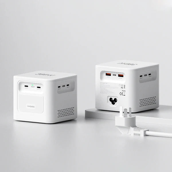 Two white power stations with connectors on a light gray background