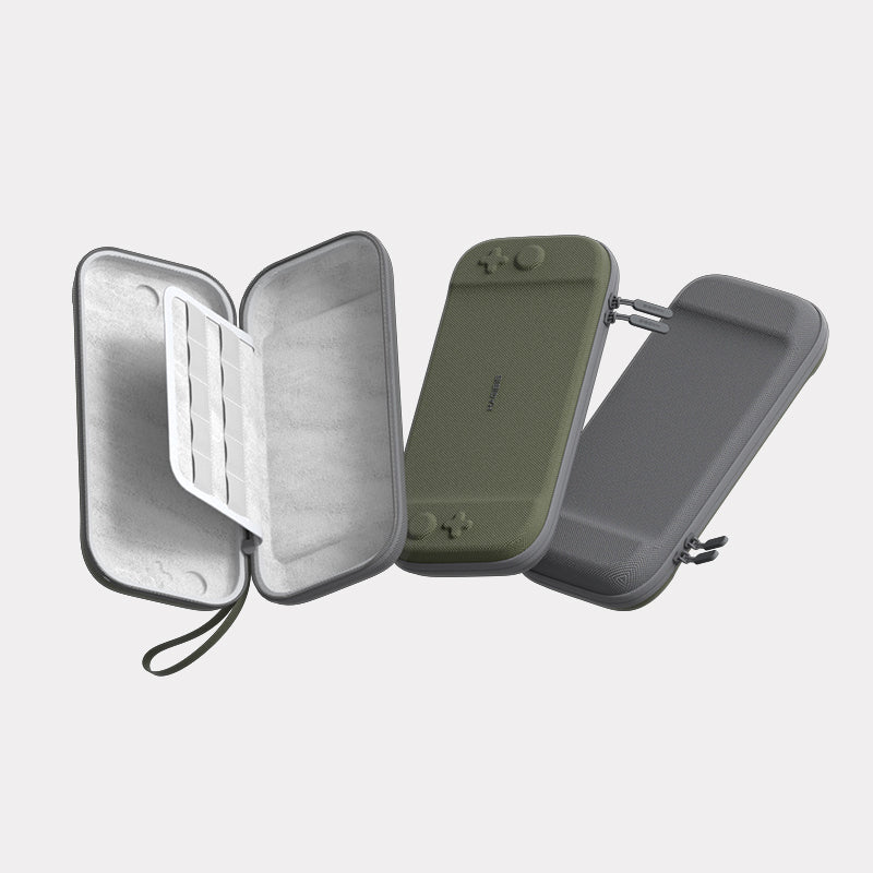 Gray carrying case with a green electronic device inside on a light gray background