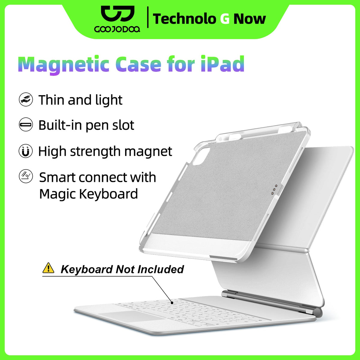 Magnetic case for iPad with features listed on a white background