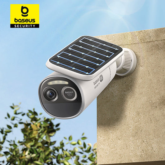 Baseus security camera with solar panel on a wall with a clear blue sky background