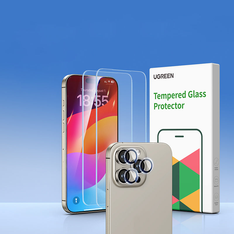 Smartphone with UGREEN tempered glass protector packaging on a blue gradient background
