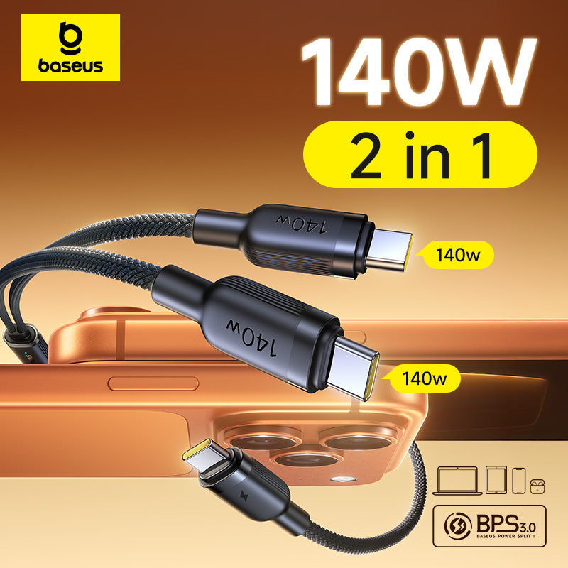 Baseus 140W 2-in-1 charging cable with connectors on a brown background
