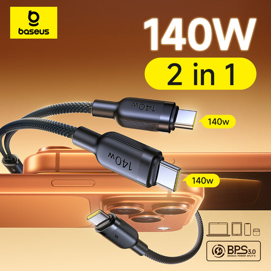 Baseus 140W 2-in-1 charging cable with connectors on a brown background
