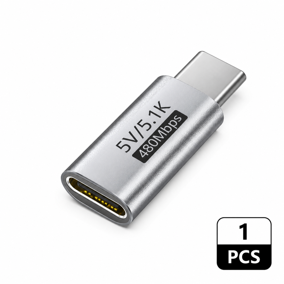 Metallic USB-C to USB-A adapter on a white background