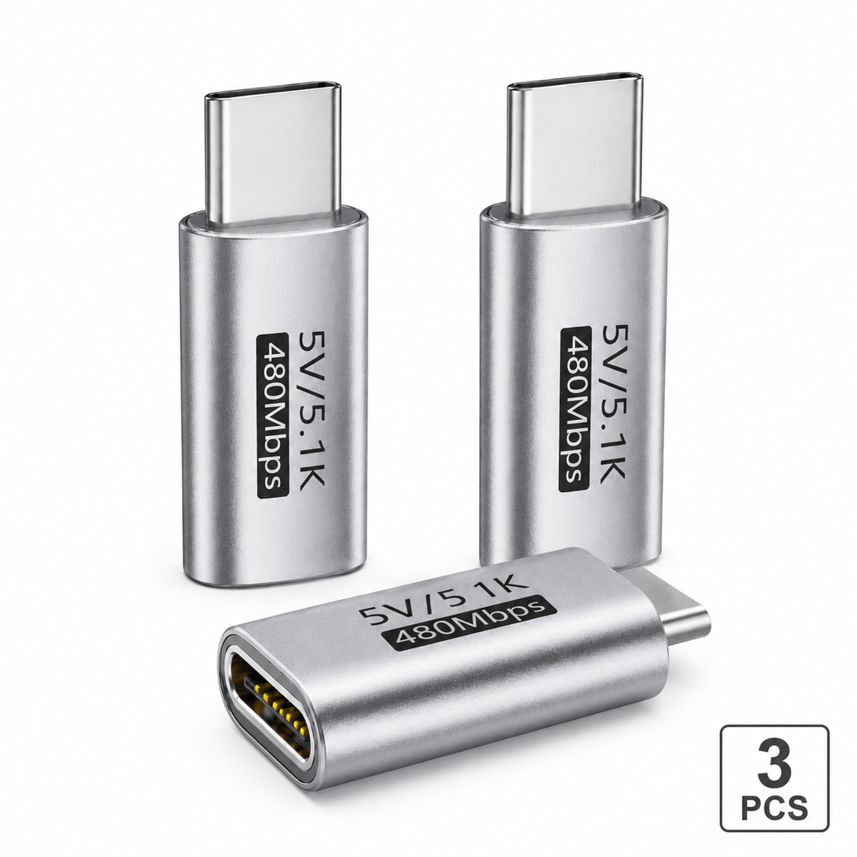 Three metallic USB connectors with specifications on a white background