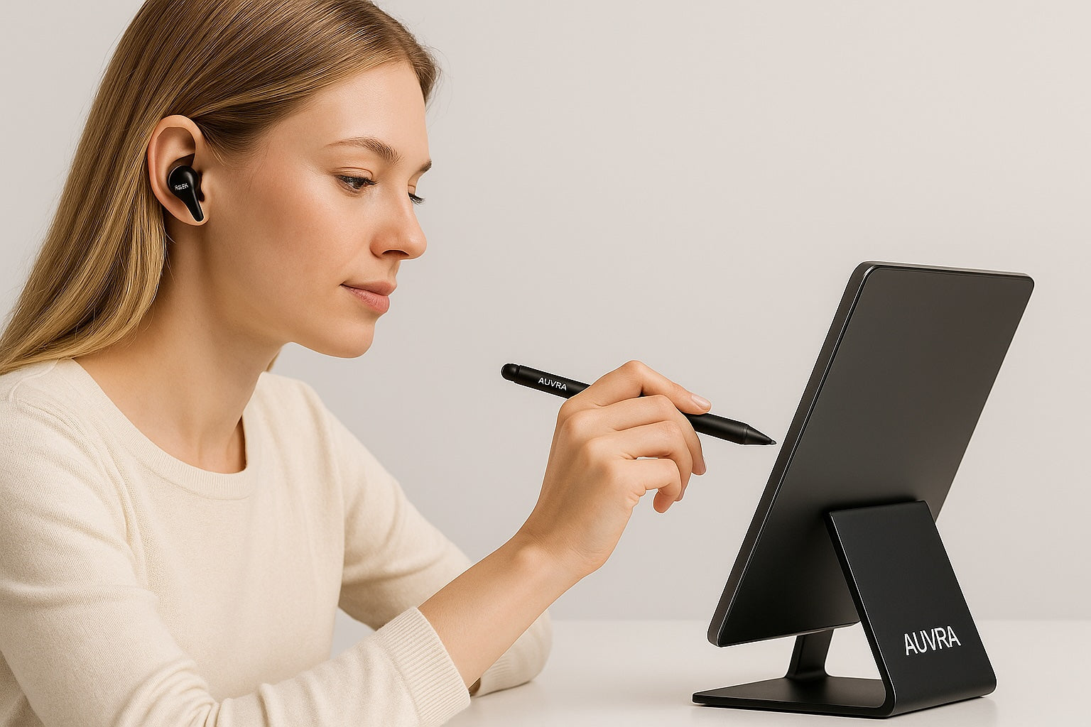 Woman using a digital device with a pen, wearing an earbud, on a light background