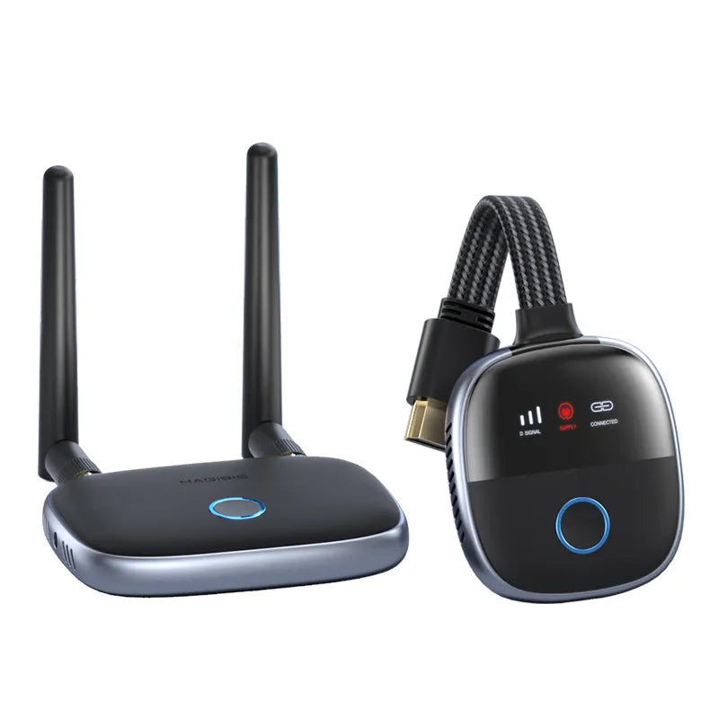 Two electronic devices with antennas on a white background