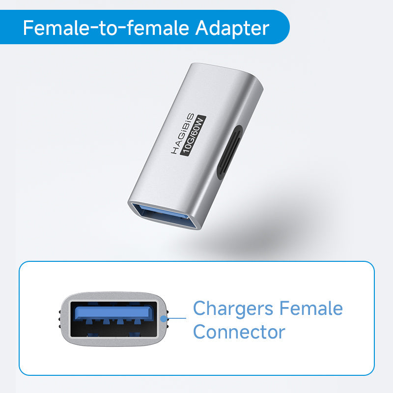 Silver adapter labeled 'HAGIBIS' with text 'Female-to-female Adapter' on a light gray background.