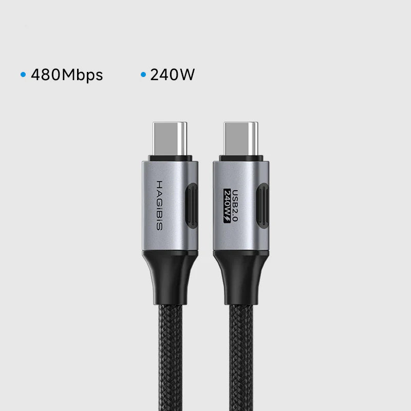 Two USB Type-C cables with specifications on a light gray background