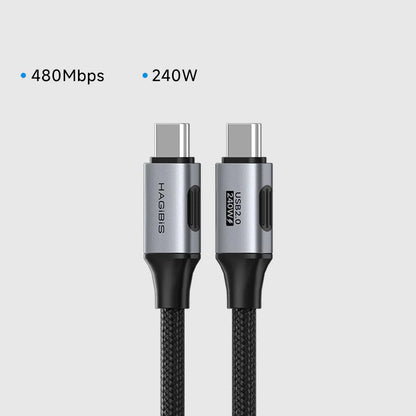 Two USB Type-C cables with specifications on a light gray background