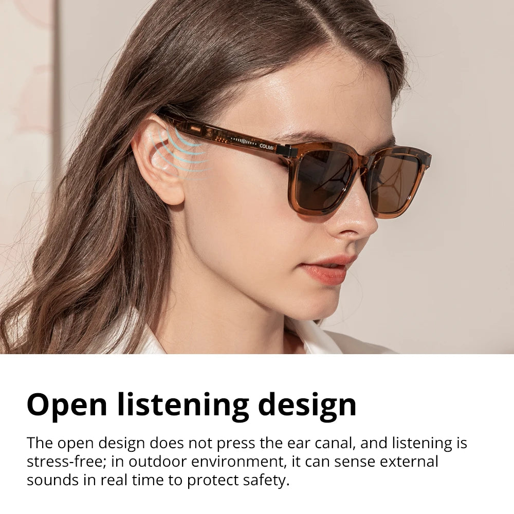 Woman wearing sunglasses with text about open listening design