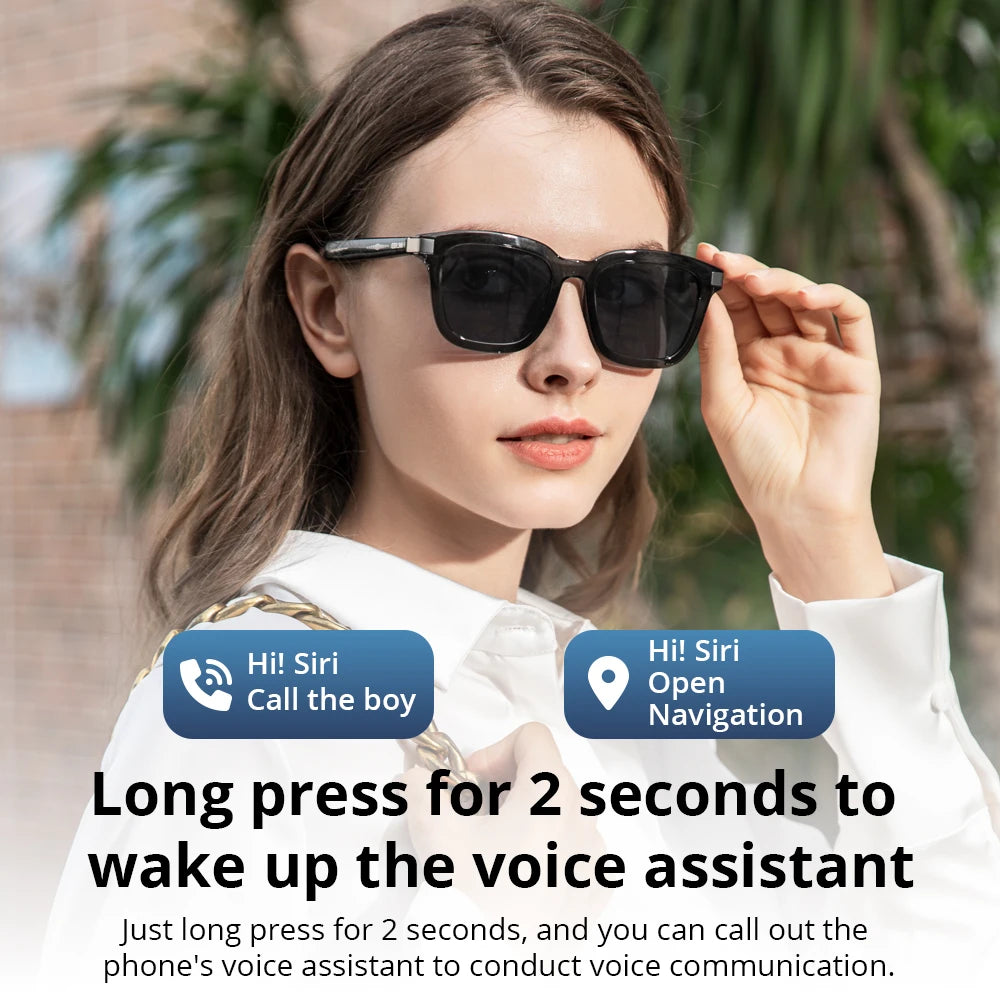 Woman wearing sunglasses with text overlay about using a voice assistant on a smartphone.