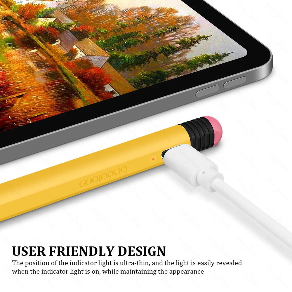 Yellow pen with indicator light next to a tablet