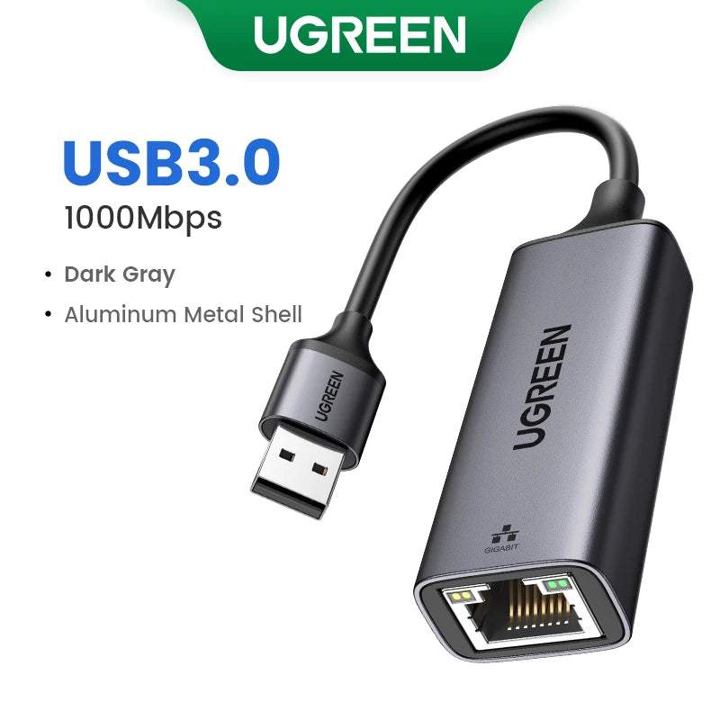 UGREEN USB3.0 adapter with Ethernet cable on a white background