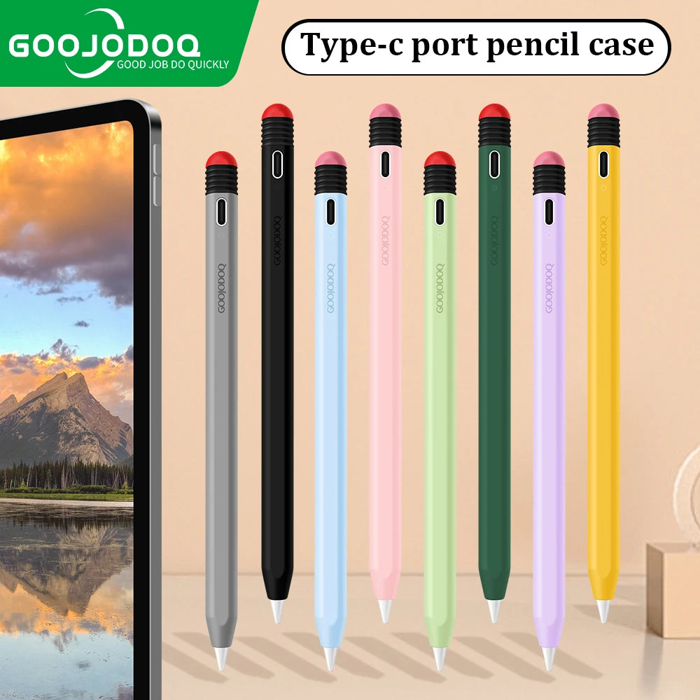 A collection of Goojodoq stylus pens with Type-C port cases in various colors displayed alongside a smartphone.