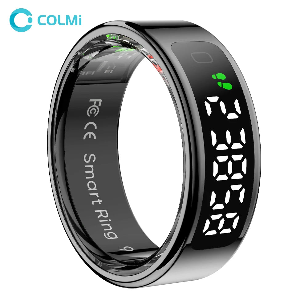 Smart ring with digital display on a white background, featuring the COLMi brand.