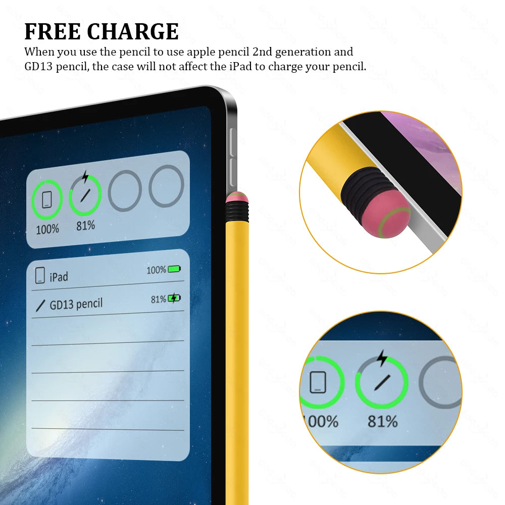 Pencil case with charging indicators for Apple Pencil and GD13 pencil on iPad.