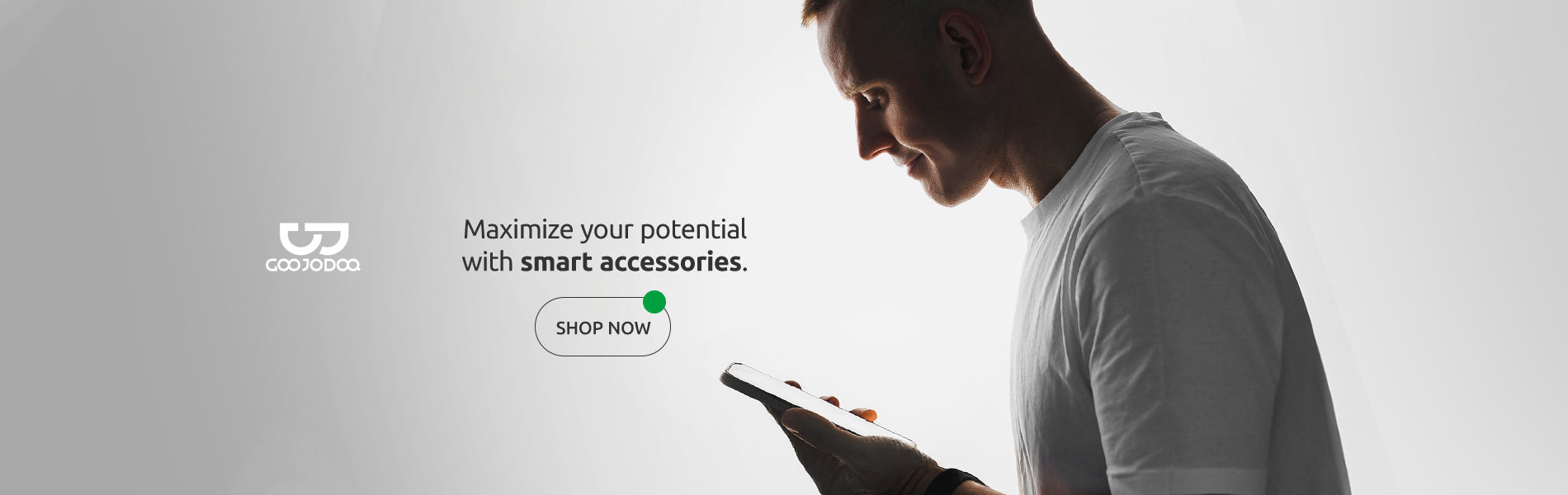 Man using a smartphone with text promoting smart accessories on a light gray background