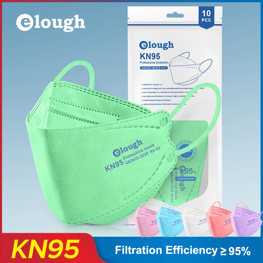 Green KN95 mask with packaging and additional masks in the background on a blue gradient background.