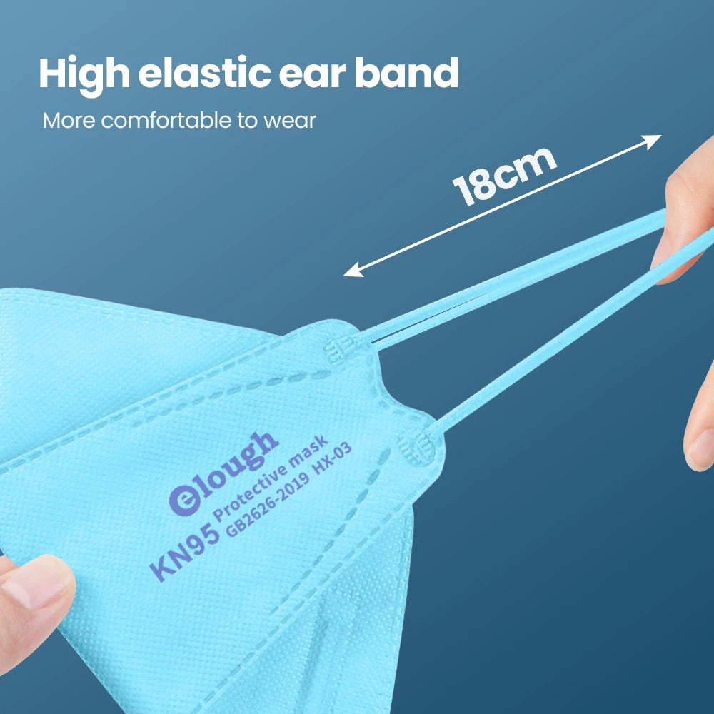 Blue KN95 protective mask with high elastic ear bands and measurement on a blue background