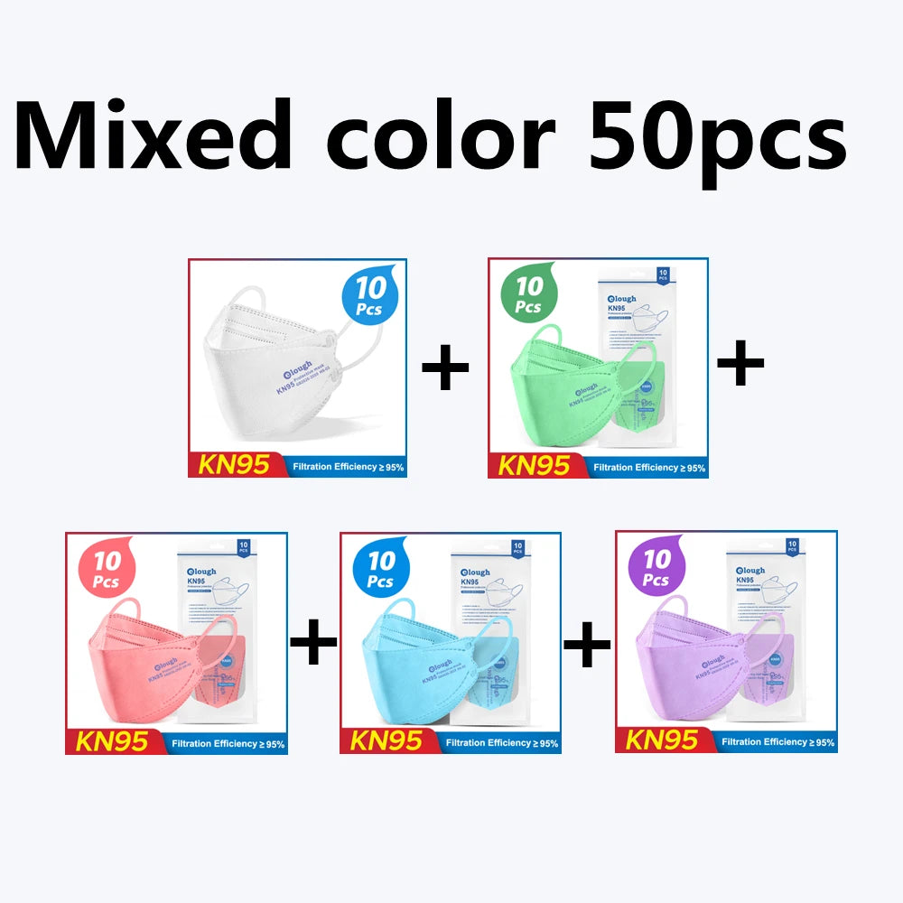 Packaging of KN95 masks in various colors with text indicating quantity and type.