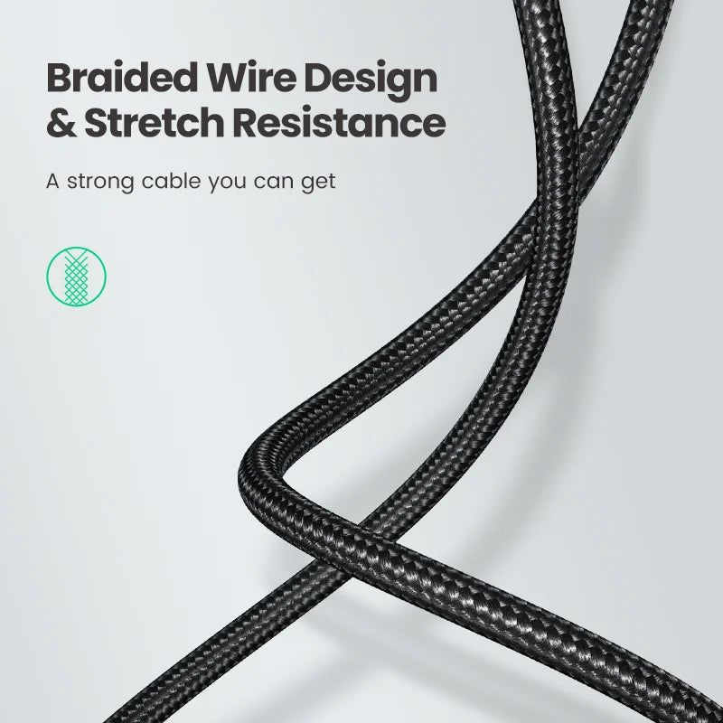 Braided black wire with text on a light gray background