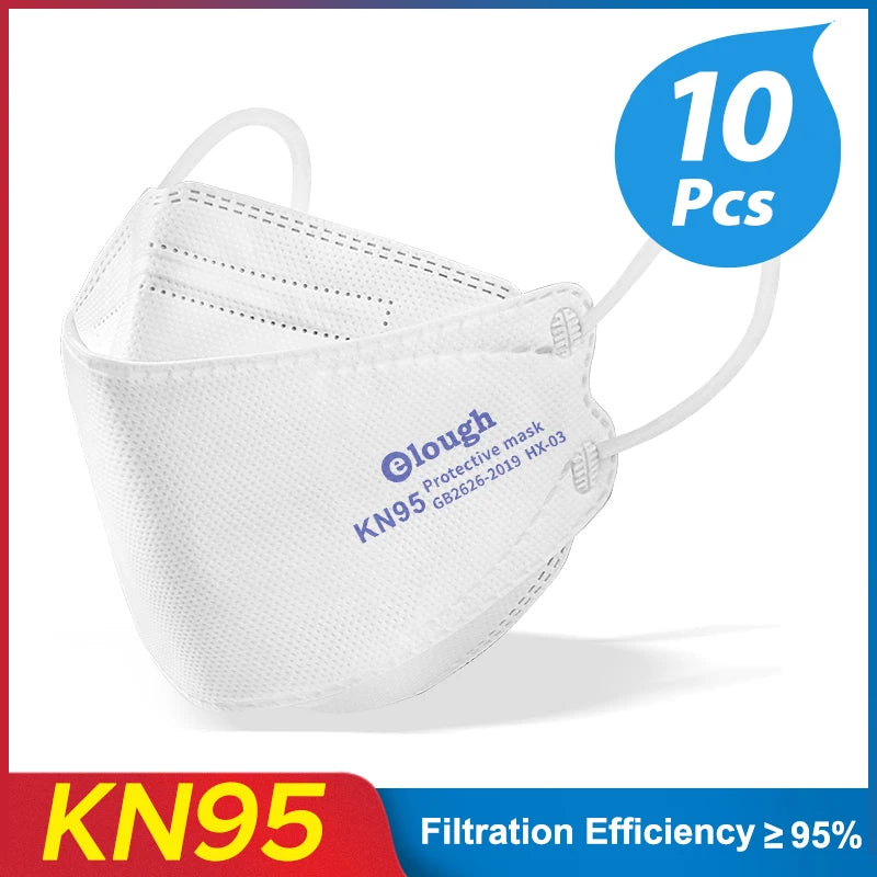 White KN95 protective mask with 'CLOUGH' branding and filtration efficiency text on a white background.