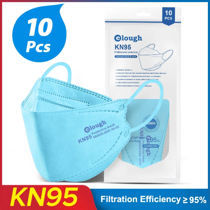 Blue KN95 face masks with packaging and '10 Pcs' label on a white background