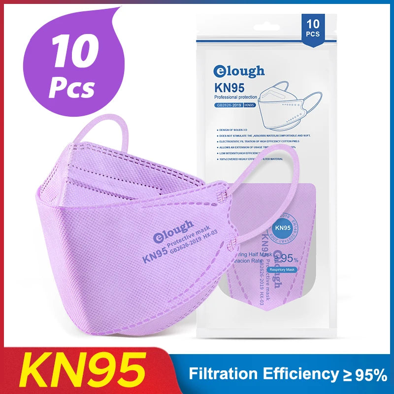 Purple KN95 mask with packaging and '10 Pcs' label on a white background
