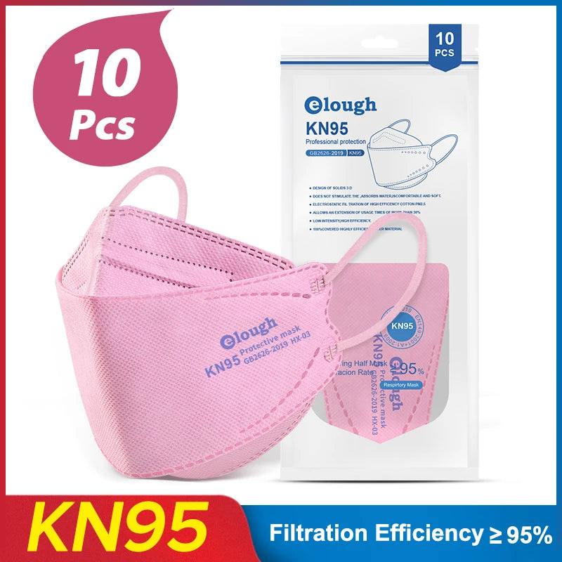 Pink KN95 mask with packaging and '10 Pcs' label on a white background