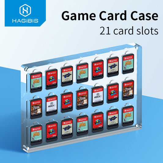 A clear plastic game card case by Hagibis, displaying 21 card slots with various game cards visible, set against a blue background.