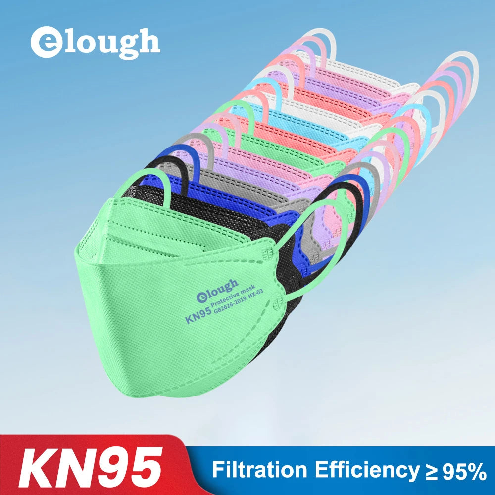 Colorful KN95 face masks with 'elough' branding on a blue gradient background
