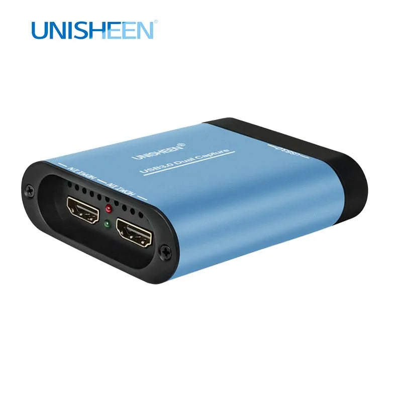 Blue USB to HDMI capture device with UNISHEEN branding on a white background