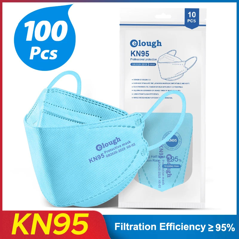 Blue KN95 face masks with packaging and text indicating 100 pcs and filtration efficiency.