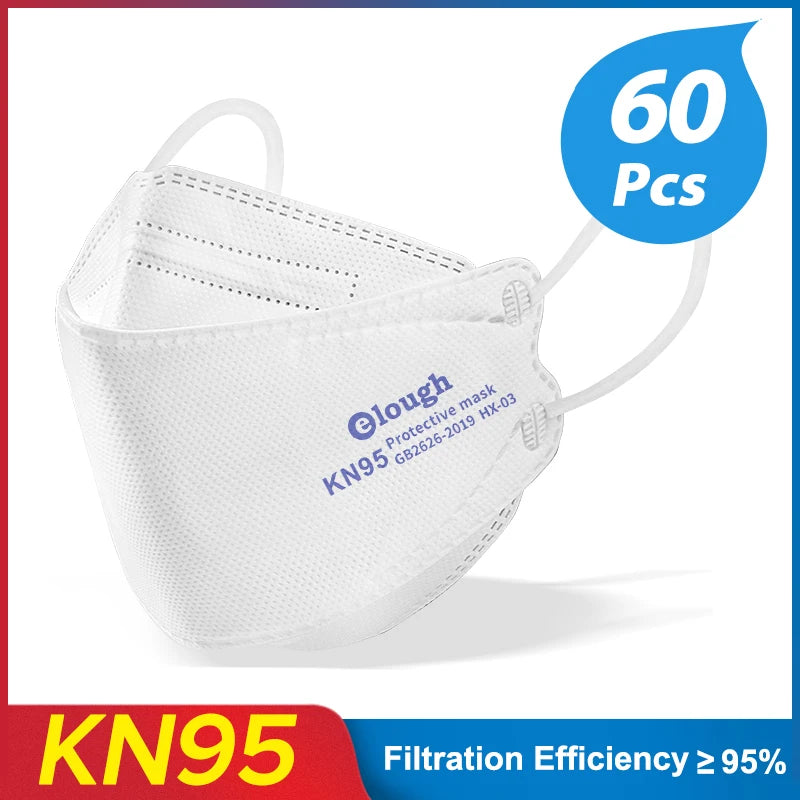 White KN95 protective mask with 'elough' branding and text indicating filtration efficiency on a white background.