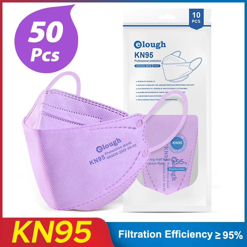 Purple KN95 mask with packaging and text indicating 50 pieces and filtration efficiency.