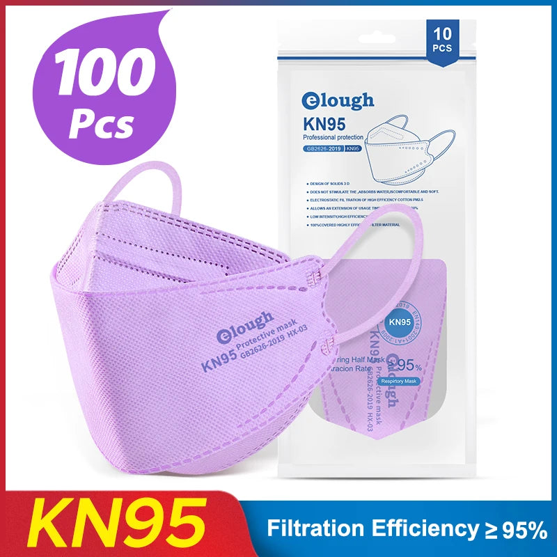 Purple KN95 mask with packaging and text indicating 100 pcs and filtration efficiency.