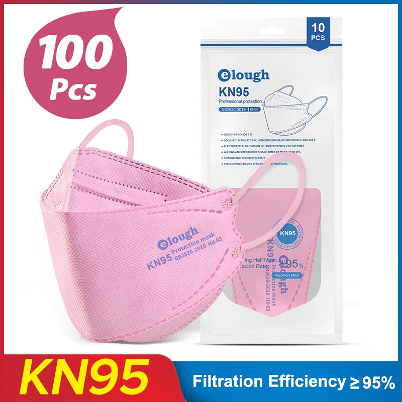 Pink KN95 mask with packaging and text indicating 100 pcs and filtration efficiency.