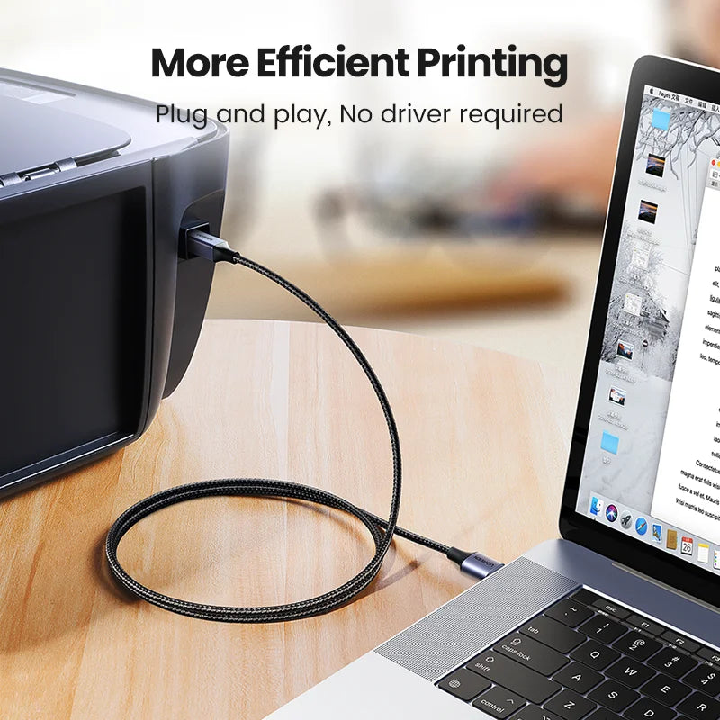 Laptop connected to a printer with text 'More Efficient Printing' and 'Plug and play, No driver required'.