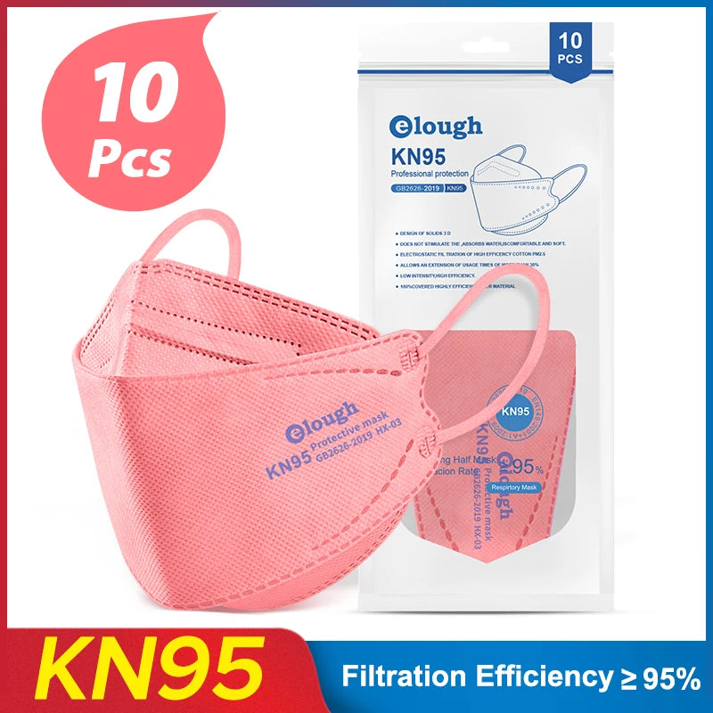 Pink KN95 mask with packaging labeled '10 Pcs' and 'Elough' brand on a white background.