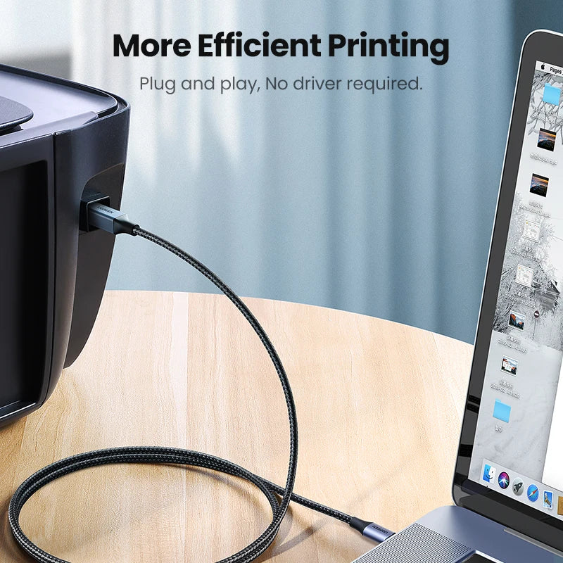 Printer connected to a laptop with text 'More Efficient Printing' and 'Plug and play, No driver required.'