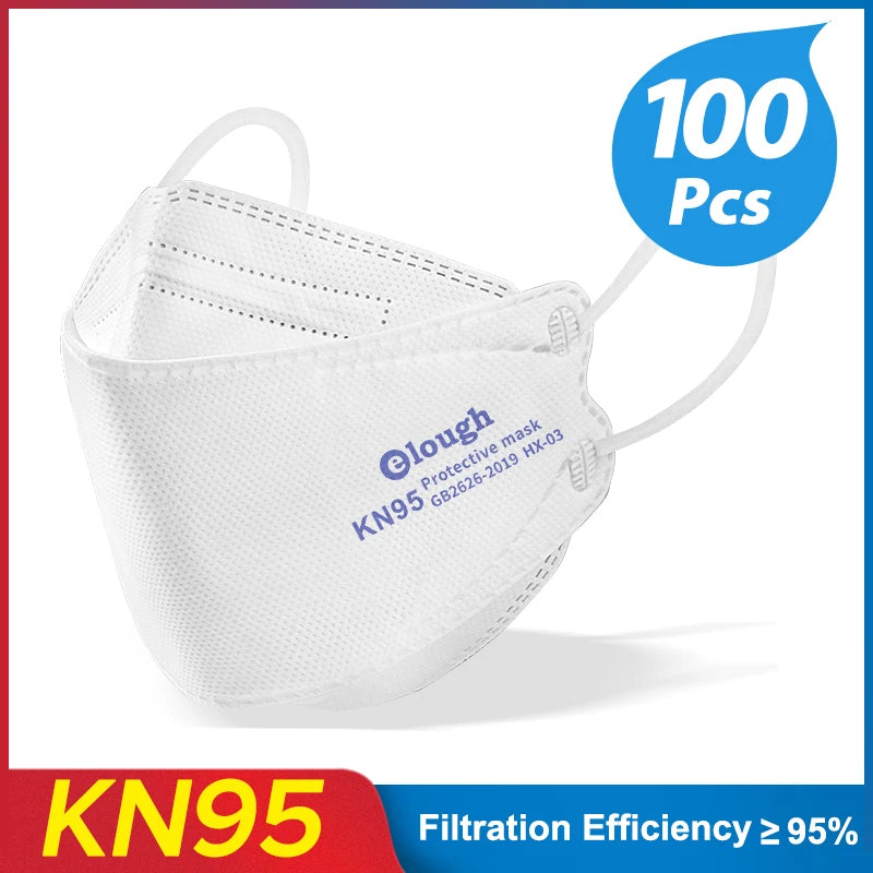 White KN95 protective mask with 'elough' branding and text indicating filtration efficiency on a white background.