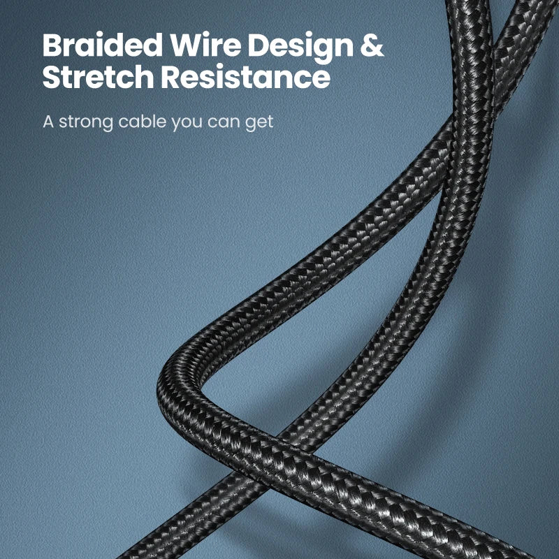 Braided wire cable on a blue background with text about braided wire design and stretch resistance.