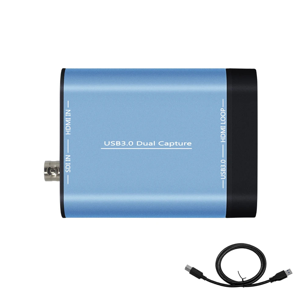 Blue USB3.0 dual capture device with a cable on a white background